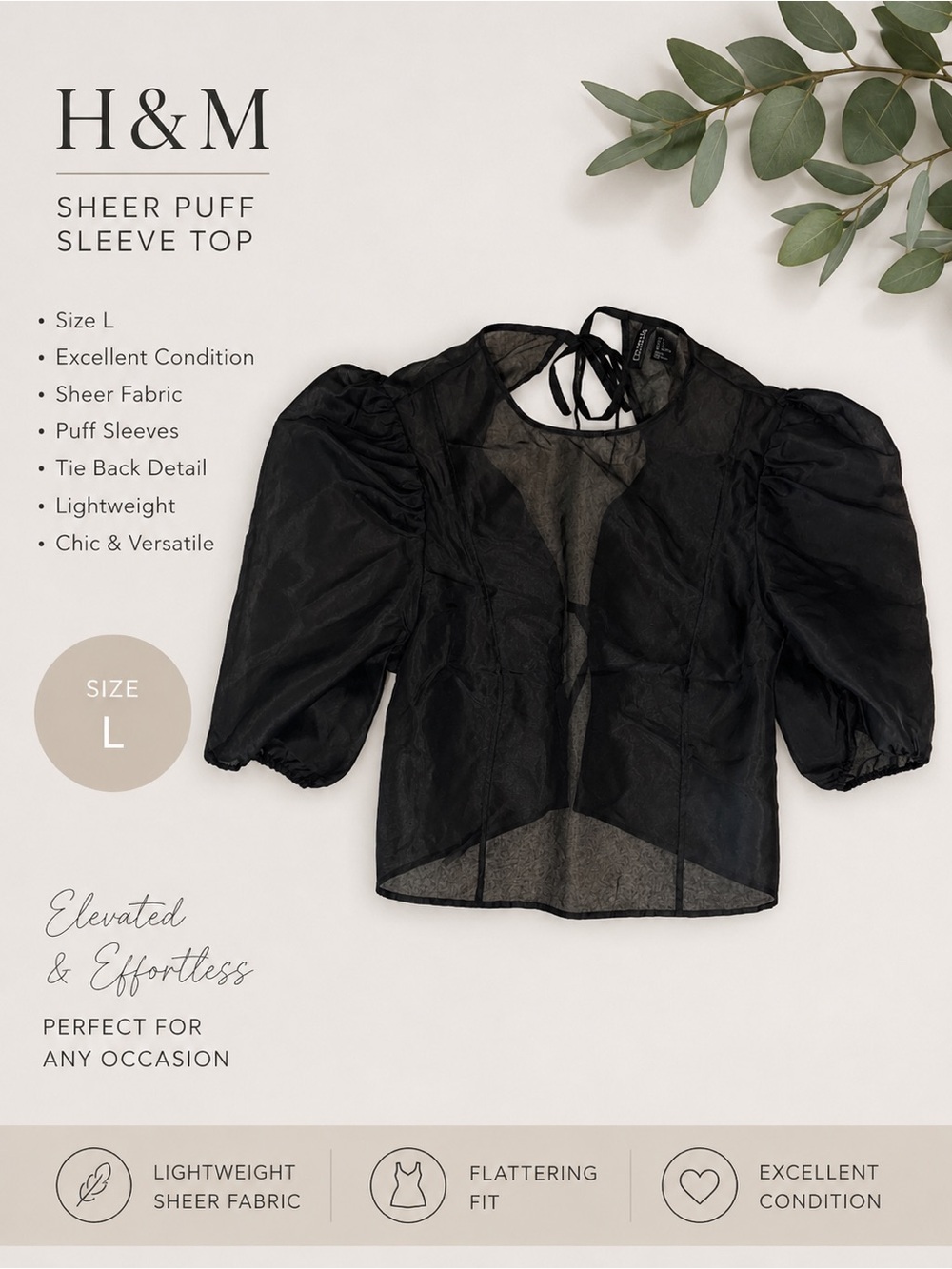 H&M Black Sheer Puff Sleeve Tie-Back Blouse